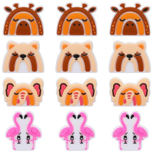 WEWAYSMILE 12 pièces Kit Perles En Silicone, Perles Silicone Animales, Perles Silicone Pour L'Artisanat, Tigre Lion Zèbre Singe Éléphant Girafe Pour Stylos Lanière Porte-Clés Fabrication