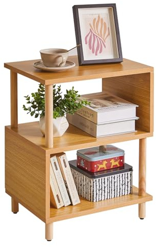 Aibiju Mesita de Noche de Madera con Estante Abierto, mesita de Noche con Patas de Madera Maciza, Mesa Auxiliar de Cama en Forma de S de 3 Niveles, Mesa de Gama Alta de 20 Pulgadas, Madera Natural