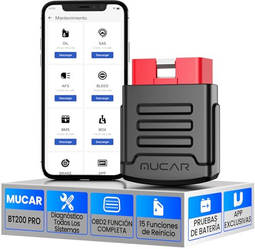 OBD2 Diagnosis, BT200PRO Adaptador Bluetooth OBD2 con Completo del Sistema y 15+ Funciones de Reinicio, Diagnosis Coche Multimarca para Auto Vin/iOS & Android/Prueba de Batería