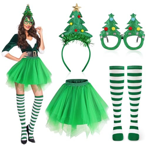 Beipegin Christmas Tree Costume for Women,Green Tutu Skirt Christmas Tree Headband Christmas Glasses Novelty Xmas Christmas Fancy Dress Santa Dress Up Costumes for Xmas Party