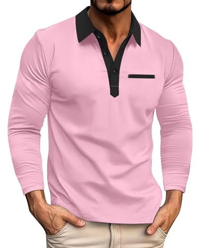 Generisch Herren Polo Langarm Streifen Poloshirts Kontrastfarbenes Hemd Slim Fit Baumwolle Golf Polos Herren Polo Shirt Pink Poloshirt Schwarz Rot Geeignet für Studenten zum Schulanfang
