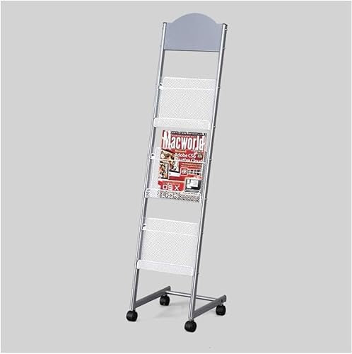 KHLMSRXJ Zeitungsständer Bücherregal Bücherregal mit Rollen, Zeitungsständer, Zeitschriftenständer, Lagerregal, Bodenpräsentationsständer aus Metall und Eisen (Farbe: Silber) Bücherständer
