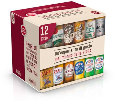 Peroni Box Regalo, Cassa Mista con 12 Bottiglie di Birra da 33 cl, Assortimento di Birre Italiane e Internazionali per Degustazione, Gradazione Alcolica da 3,5% a 7% + 1 birra analcolica