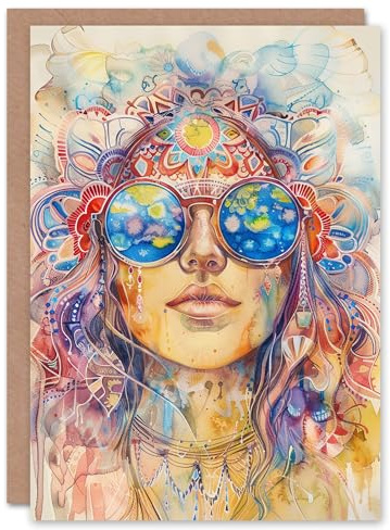 Artery8 Hippie Woman Trippy Mandala Watercolour Portrait Blank For Him Or Her Art Birthday Card