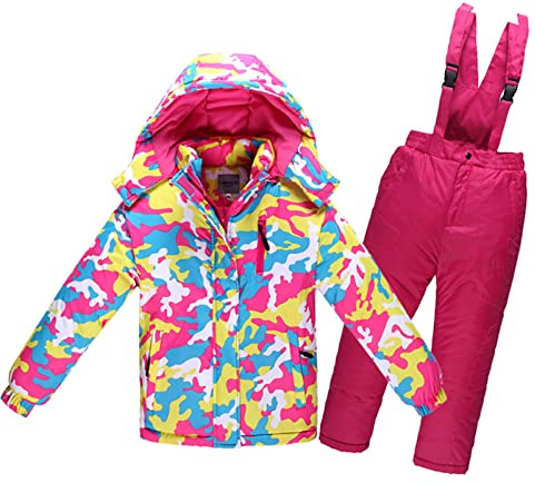 Combinaison de Ski Enfant Veste de Duvet à Capuche et Pantalons de Neige 2 Pièces Manches Longues Hiver Ensemble de Ski 2 Pièces Fille Garçon Pantalons de Ski et Doudoune à Capuche pour 3-10 Ans