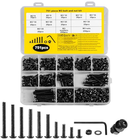 751 Pcs M3 Screws Set,M3 Button Head Bolts Set | Nuts and Bolts Assortment Kit, Black Hex Socket Button Head Screws, with Hex Wrench