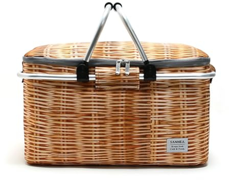 Vikbar picknickkorg 25 l – kylkorg i rottinglook för camping | 3-lagers isolering, upp till 6 timmar Kylning, upp till 4 timmar Varmhållning, 600D Oxford, aluminiumram, 5 cm platt vikbar