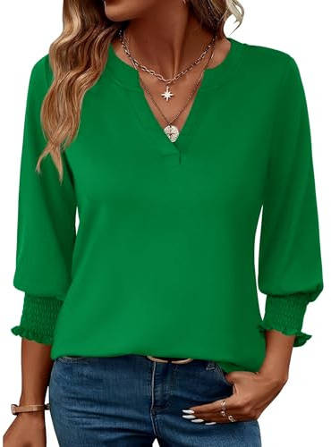 Rapbin Ladies Blouses 3/4 Length Sleeve Elegant V-Neck Summer Casual Tunic Tops for Women Business Shirts (16-18, Green)
