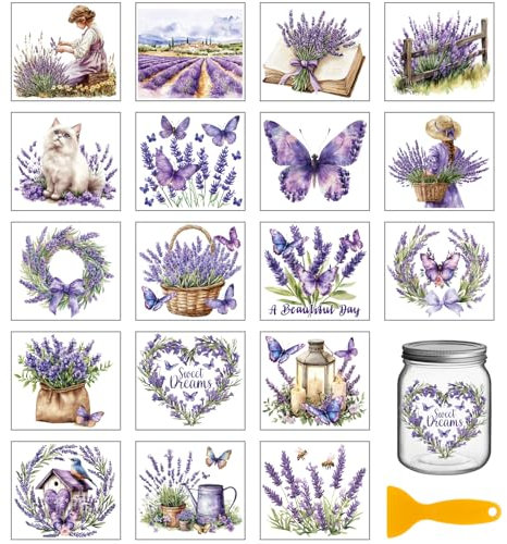 GLOBLELAND 18 Blatt Retro Lavendel Transferfolie Zum Aufreiben 3.9x3.6Zoll Bunte Blumen Schmetterlinge Vasen Heimaufkleber Katzen Tassen Transferaufkleber Für Möbel Vasen Kunsthandwerk Dekorationen