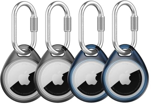 UNBREAKcable Support pour Apple AirTag (Lot de 4) - Coque TPU avec Mousqueton Verrouillage Rotatif en Acier Inoxydable 304, Anti-Perte, Étanche, Ajustement Parfait, Noir translucide et Bleu