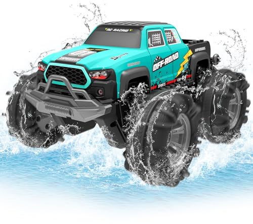 Voiture Télécommandée 4WD Amphibie – Voiture Stunt Tout-Terrain avec Capteur Gestuel, LED, 2 Batteries, Étanche, Jouet Enfant 4-12 Ans pour Sable, Eau, Jardin, Compatible Blocs de Construction
