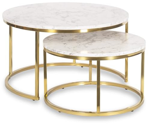 MEBEL ELITE Couchtisch 2er Set Rund – Wohnzimmertisch Weiß Marmoroptik – Sofatisch mit Metallgestell – Tische für Wohnzimmer und Büro 60 cm/80 cm – Pflegeleichter und Schmutzabweisender