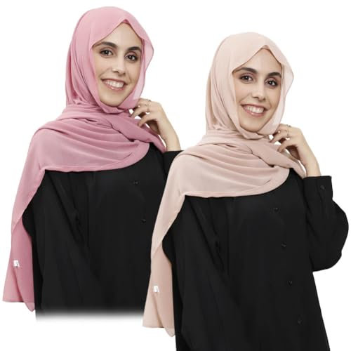 Besforta Lot de 2 hijab instantanés en mousseline de soie pour femme avec aimant intégré et bonnet cousu sous l'écharpe, Rose et beige, taille unique