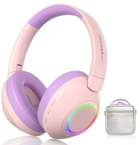 TONOSHARK Kopfhörer Kinder Bluetooth | Noise Cancelling Kopfhoerer Kinder | Bunte RGB LED Leuchte, 60h Spielzeit, Bluetooth 5.4, Headset Over Ear, Für Zuhause/Schule, Inkl. Kopfhörer Case (Rosa-Lila)