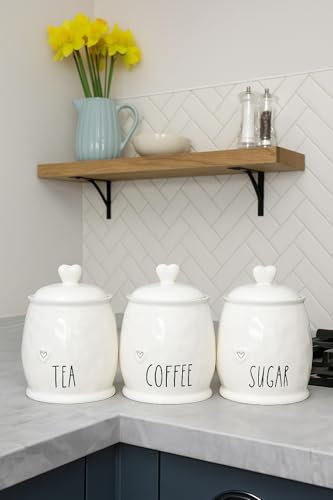 BMLIMITED Ceramic Tea Coffee Sugar Canister Set White Kitchen Storage Jars with Heart Lids Rustic Farmhouse Countertop Pots UK Kitchen Accessories