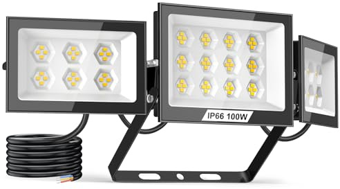 Lightasea 100W LED Strahler,10000LM Außenstrahler mit Verstellbaren 3 Köpfe,6500K LED Scheinwerfer,IP66 Wasserdicht Flutlicht,für Innenhof, Veranda, Garten, Garage