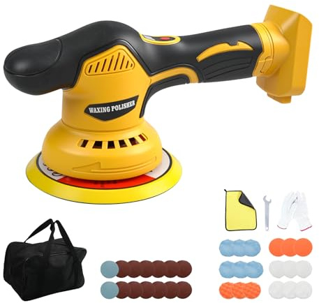 Pulidor de búfer inalámbrico compatible con batería de 20 V de Dewalt, 8 velocidades variables, pulidora orbital de 6 pulgadas, kit de cera para encerar el coche (amarillo)