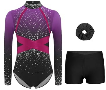 Alvivi Mädchen Turnanzug Glitzer Gymnastikanzug mit Shorts Haarband Strass Gymnastik Leotard Langarm Ballettanzug Wettbewerb Tanzkostüm