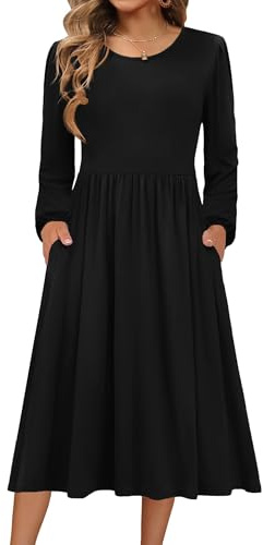 Zeagoo Kleid Damen Langarm Herbstkleid Rundhals Strickkleid Winterkleid | Elegant Midikleid | A-Linie Tunikakleid | Leichte Pulloverkleid | Freizeitkleid mit Taschen | S-XXL