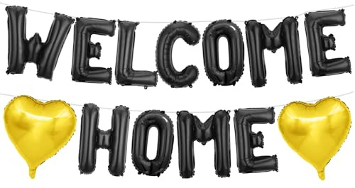 Welcome Home Balloons, Welcome Home Decorations for Housewarming Party | 16Inch Black Gold Welcome Home Banner, Homecoming Party Decorations, Welcome Home Party Decorations