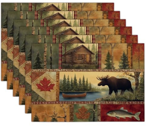 Naturthema Tischsets 6er Set, 45x30 cm Abwaschbare Leinen Platzsets Kanadisches Rot Kariert Tischsets Tischdekoration für Zuhause Restaurant Küche, Braun