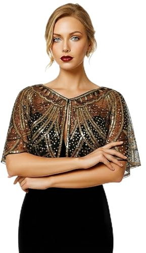 Sunnyshopday 1920er Jahre Gatsby Vintage Pailletten Perlen Mesh Schal für Frauen Elegant Bolero Cape Wrap Perlen Abendjacke Hochzeit & Cocktailkleid Cover Up,