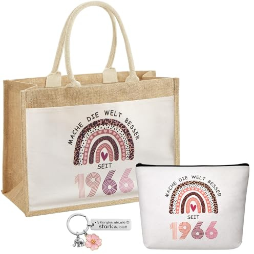 Xuniea Geburtstagsgeschenk zum 60. Geburtstag für Frauen (Jahrgang 1966) | 3-teiliges Geschenkset bestehend aus Jute-Einkaufstasche, Canvas-Kosmetiktasche und Schlüsselanhänge