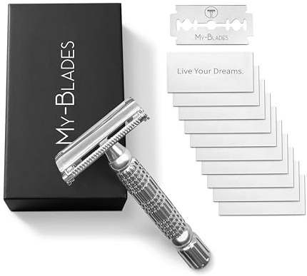 Rasierhobel Herren Set mit 10 Doppelklingen, My-Blades Sicherheitsrasierer aus Metall, Butterfly Verschluss, Nassrasierer für Einsteiger und Profis, Geschenkbox