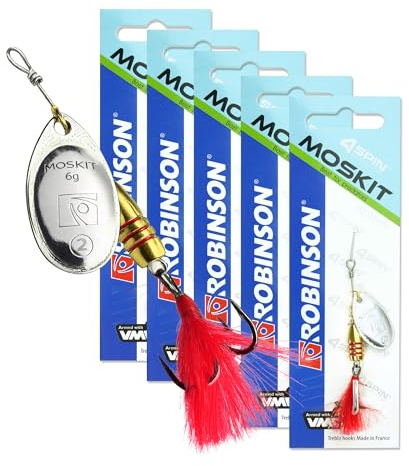 ROBINSON Spinner Angelköder 5er Set | für Hecht, Barsch, Zander & Forelle | Starke Druckwellen durch breites Metallblatt · VMC-Drilling auf Edelstahl · Feder am Haken · 5er Sparset