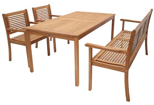 DEGAMO Gartengarnitur Sitzgarnitur CORUNA 4-teilig: 2X Gartensessel, 1x 3-sitzer Gartenbank, 1x Gartentisch 160x90cm rechteckig, Eukalyptusholz braun geölt, Outdoor