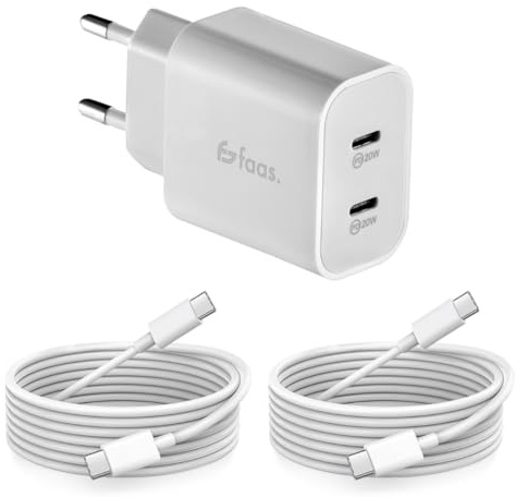Faas 40W USB C Ladegerät mit 2 Anschlüssen - Schnellladegerät Duo Pack - Inklusive 2X USB-C auf USB-C Kabel (1,5m) - Geeignet für iPhone 15/16, Samsung S24/S23, iPad & MacBook