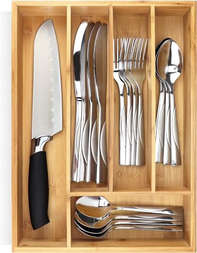 Pristine Bamboo Silverware Organizer - Small Extra-Deep Wooden Kitchen Drawer Organizer Divider for Spoons, Forks, Knives - 5 Slots