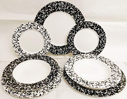 Service de table vénitien pour 2 personnes en porcelaine fine Noir et blanc 7 pièces Décoré à la main au Royaume-Uni