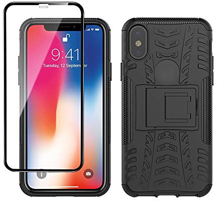 Yiakeng iPhone X Case, iPhone XS Case with Screen Protector, Shockproof Silicone Protective with Kickstand for iPhone X/Xs (Black)