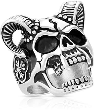 Paula & Fritz® Ring Herren Dämonen-Schädel mit Hörnern 316L Chirurgenstahl Größe 70 (22,3) Silber Bikerring Motivring Damenring Totenkopf Partnerring