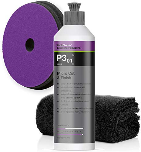 detailmate Koch Chemie Politur Set: Koch Chemie Micro Cut & Finish Politur P3.01, 250ml + Koch Chemie Micro Cut Pad, 150x23mm Mikrofasertuch 550GSM, 40x40cm