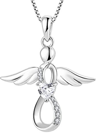 FJ Damen Schutzengel Halskette Anhänger 925 Sterling Silber Infinity Unendlichkeit Kette Weiß Zirkonia April Geburtsstein Halskette Engel Schmuck Geschenke für Frauen Mädchen