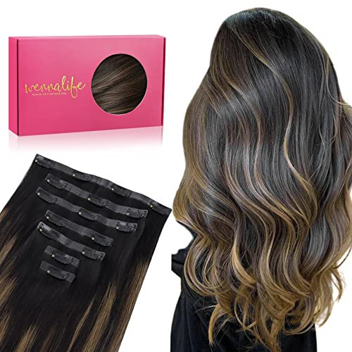 WENNALIFE Nahtlose Clip In Extensions Echthaar, 45cm 7pcs 130g Balayage Natürliches Schwarz bis Chestnut Braun Echthaar Extensions Clip Remy Seamless PU Clip in Extensions Haarverlängerung Echthaar