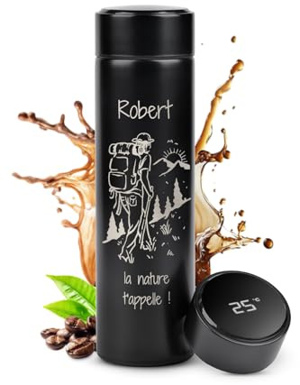 Maverton Mug de voyage isotherme avec gravure, Bouteille isotherme 450 ml | Infuseur à thé, Affichage de la température LED, Cadeau d'anniversaire personnalisé pour homme, Nature