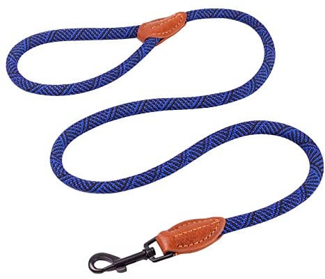AllPetSolutions Rope Dog Lead - Heavy Duty Walking, Running, Outdoor Training Lead for Dogs - Anti-Tangle Leash with 360 Hook, Strong Clip, Easy Grip Loop Handle - Black/Blue, Braided Nylon, 120cm