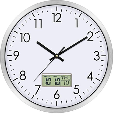 Foxtop Digitale Wanduhr mit Temperatur Datum LCD-Anzeige, Große Zahl Nicht tickender Quarz Moderne Uhr für Küche Wohnzimmer Schlafzimmer Badezimmer Schule Büro Zuhause (Metallrahmen, 30 cm)