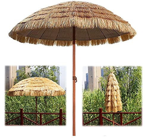 140cm Garden Terrace Parasol Umbrella Sun Shading, Adjustable Height Waterproof Outdoor Patio Umbrella, Round Straw Canopy Design