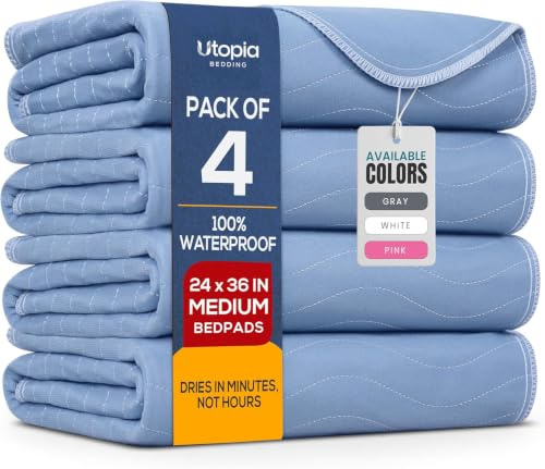 Utopia Bedding Paquete de 4 Almohadillas Impermeables para incontinencia, Acolchadas, Lavables y absorbentes, para Adultos y niños, 24 x 36 Pulgadas (Azul)