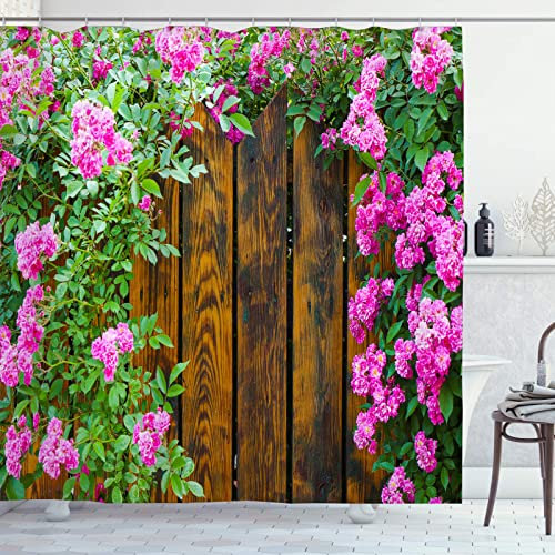 OCEUMACO Shower Curtain 3D Garden View for Wet Room Extra Long Outdoor Scene Wood Fence Flowers Bathroom Curtains Anti Mould Proof 180 x 200 cm Waterproof with Hooks Eyelets - Brown Pink