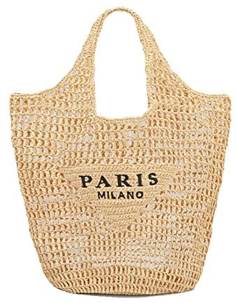 POOOPSSD Gewebte Tasche, Strohnetz-Tragetasche, Strand, Umhängetasche, Hobo Damen, faltbar, großes Fassungsvermögen, für Urlaub, Picknick und Party., Khaki, Large