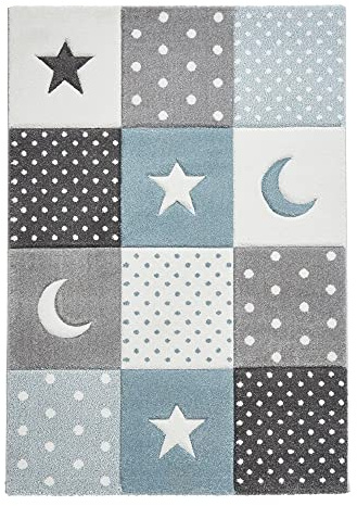 LUX Rugs Blue Moons & Stars Square Design Childrens Floor Rug 60cm x 120cm | 100% Polypropylene | Heat Set Yarn | Soft Pile | Highly Durable | Kids Mat