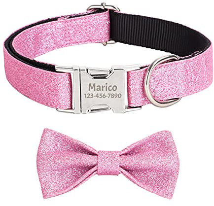 Uiopa Glitter Dog Collar with Name Plate, Personalised Dog Collars with Name & Phone Number Engraved on Metal Buckle, Adjustable 4 Sizes Nylon Dog Collars Customized for Small Medium Large Dogs