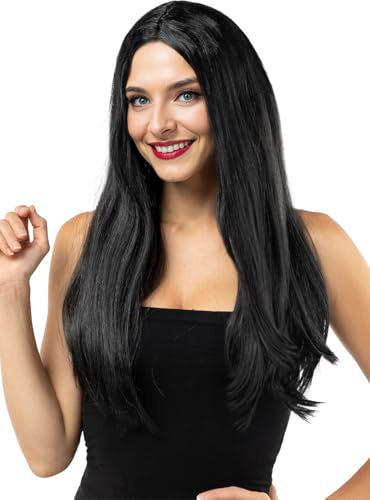 Funidelia | Schwarze glatte Perücke für Damen - Hexen, Zauberer, Halloween, Horror - Zubehör für Erwachsene, Zubehör für Kostüm - Schwarz