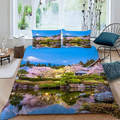 VASENA Bettwäsche Japanische Landschaft Bettwäsche 135x200 Kinder Japanischer Stil Bettbezug Set Weich Microfaser Kinderbettwäsche 3 Teilig Mit ReißVerschluss Mit 2 Kissenbezug 80x80 cm