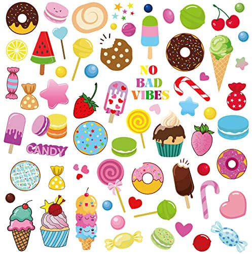 PLIGREAT 136 Piezas De Colores Helado Donut Calcomanías De Pared, Vinilo Adhesivo Removible Piruleta De Postre Tienda De Panadería Tienda De Dulces Decoración De La Pared Puerta Muebles Decoración